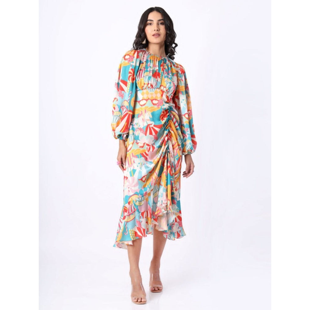 House of Soi Blue Printed Rouched Dress