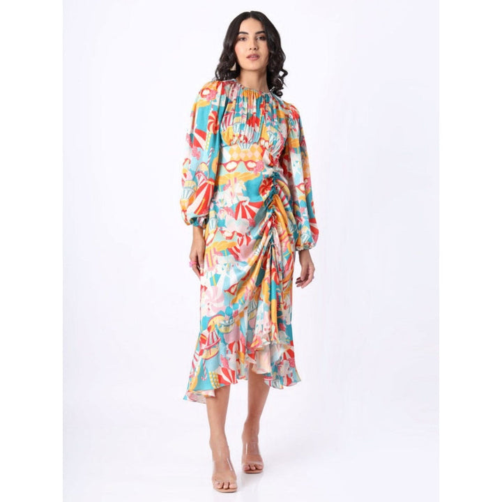 House of Soi Blue Printed Rouched Dress