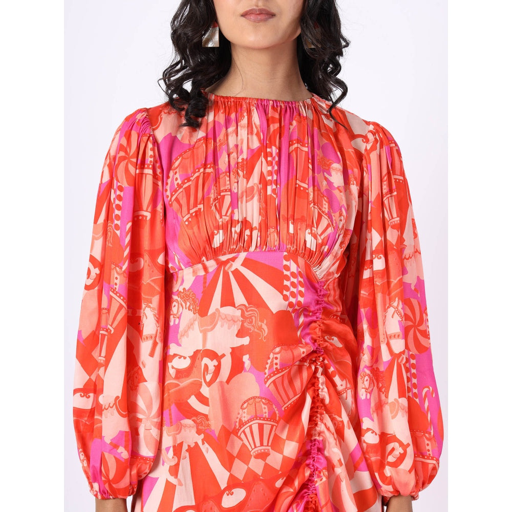 House of Soi Orange and Pink Roached Midi Dress