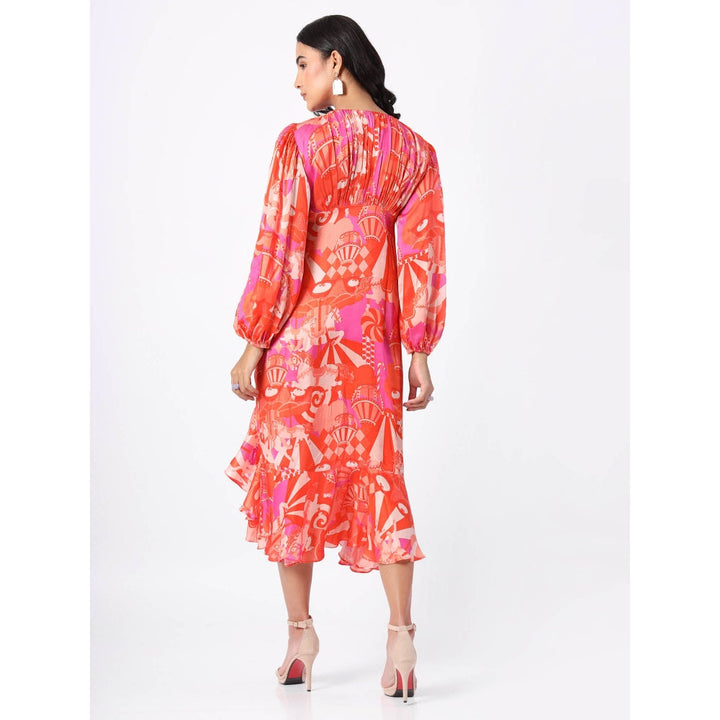 House of Soi Orange and Pink Roached Midi Dress