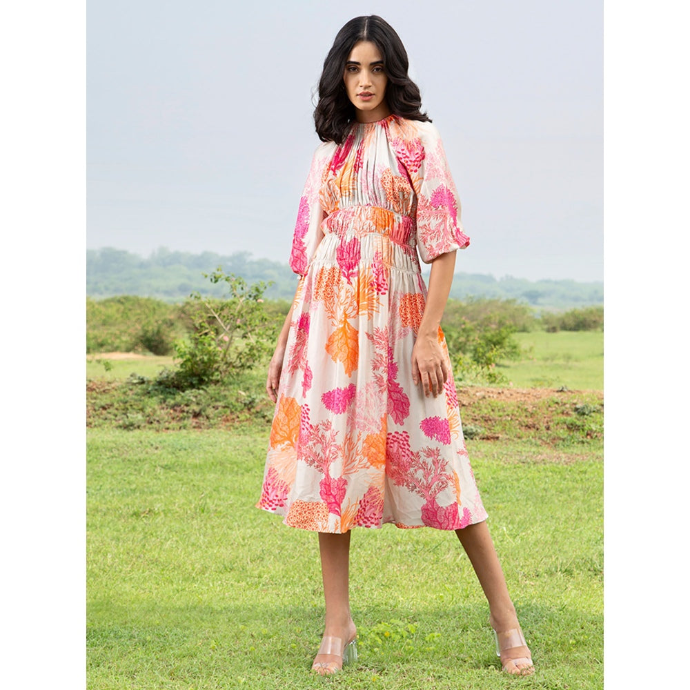 House of Soi White and Pink Sage Printed Midi Dress