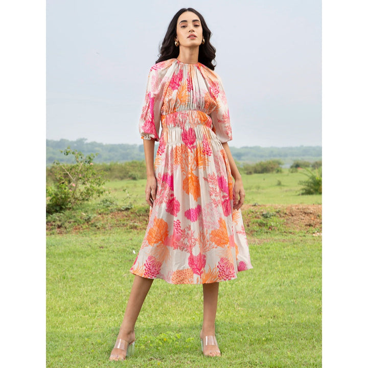 House of Soi White and Pink Sage Printed Midi Dress