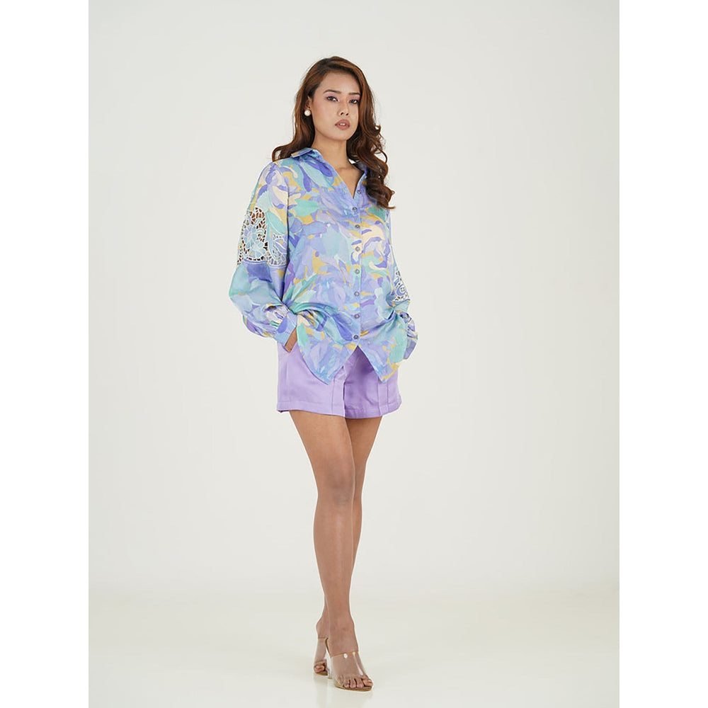 House Of Soi Blue And Purple Bloom Print With Embroidery Shirt