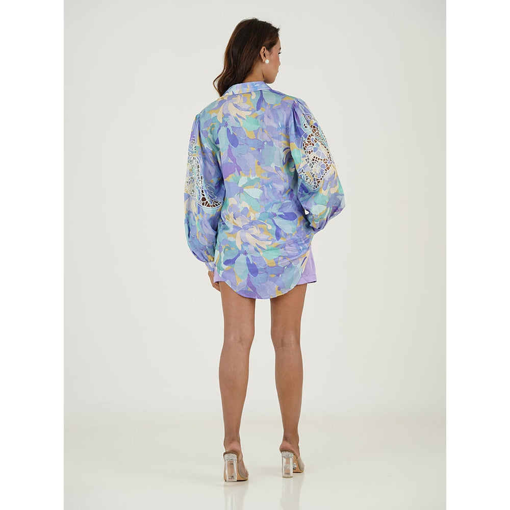 House Of Soi Blue And Purple Bloom Print With Embroidery Shirt