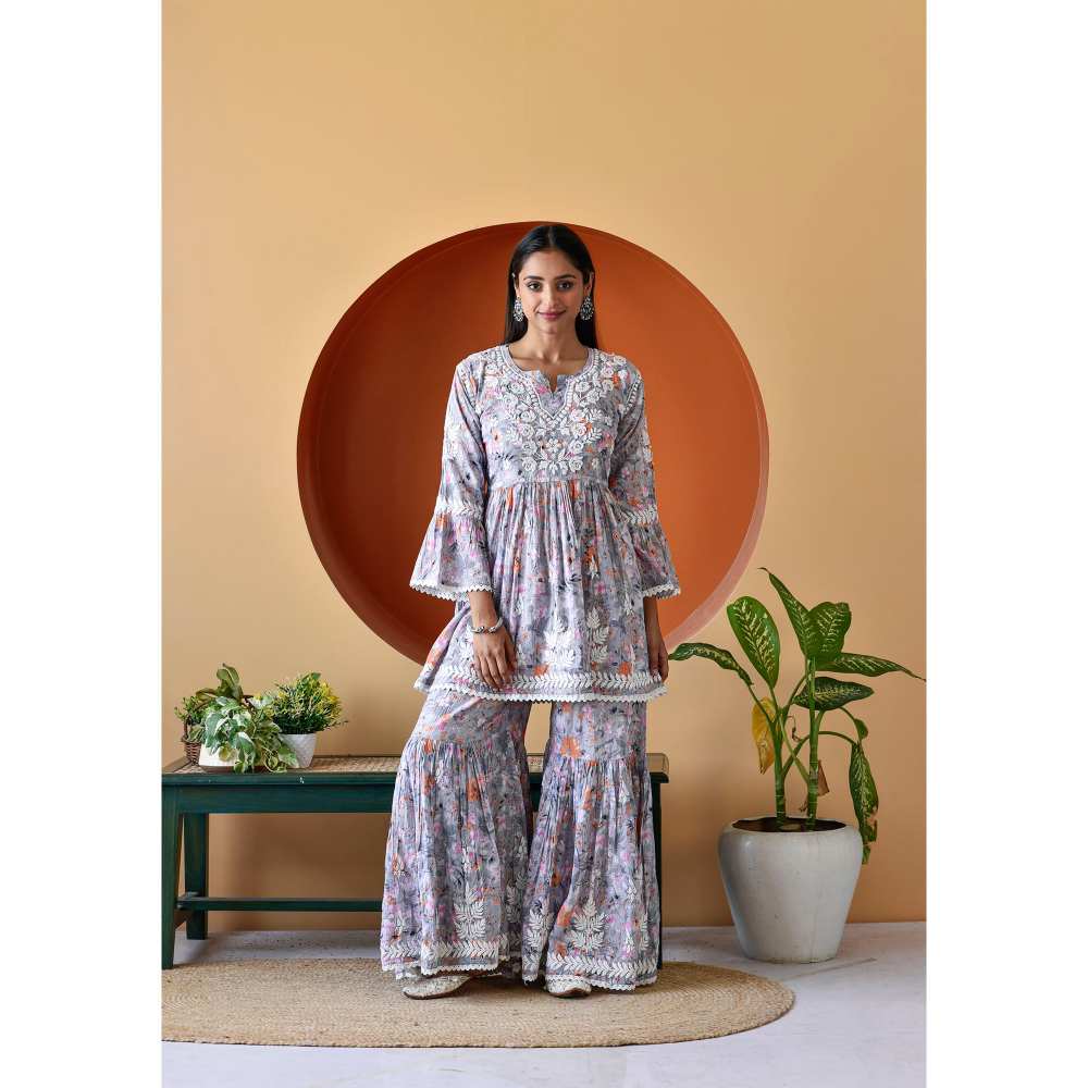 House of Chikankari Zarah Chikankari Mulmul Gharara (Set of 2)