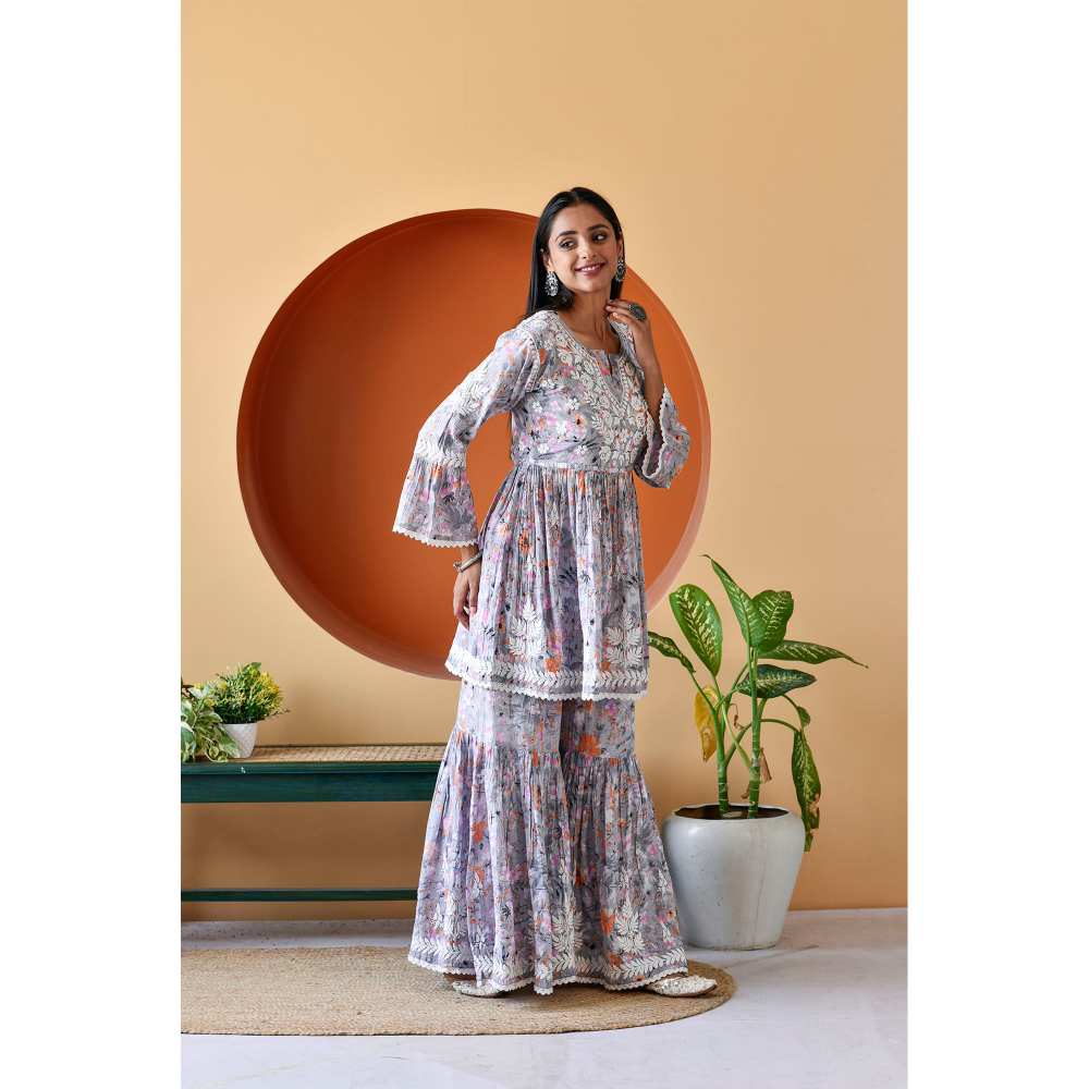 House of Chikankari Zarah Chikankari Mulmul Gharara (Set of 2)