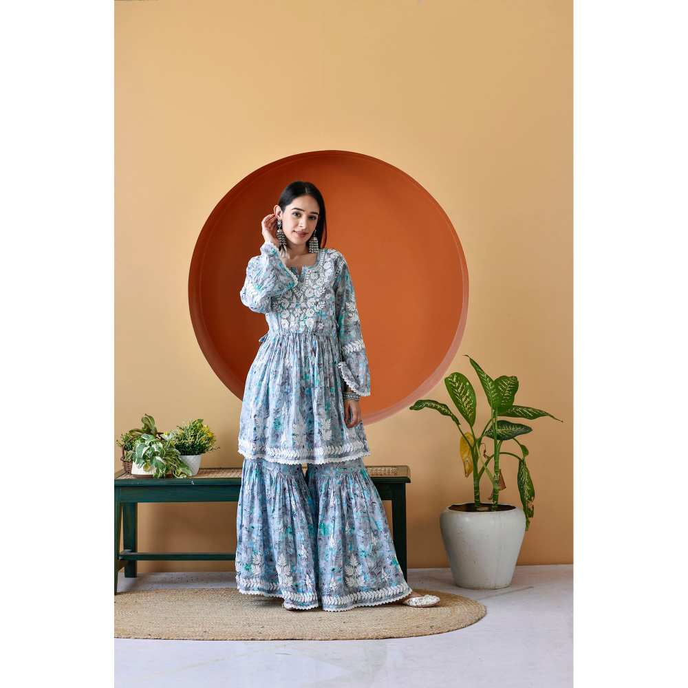 House of Chikankari Zarah Chikankari Mulmul Gharara (Set of 2)