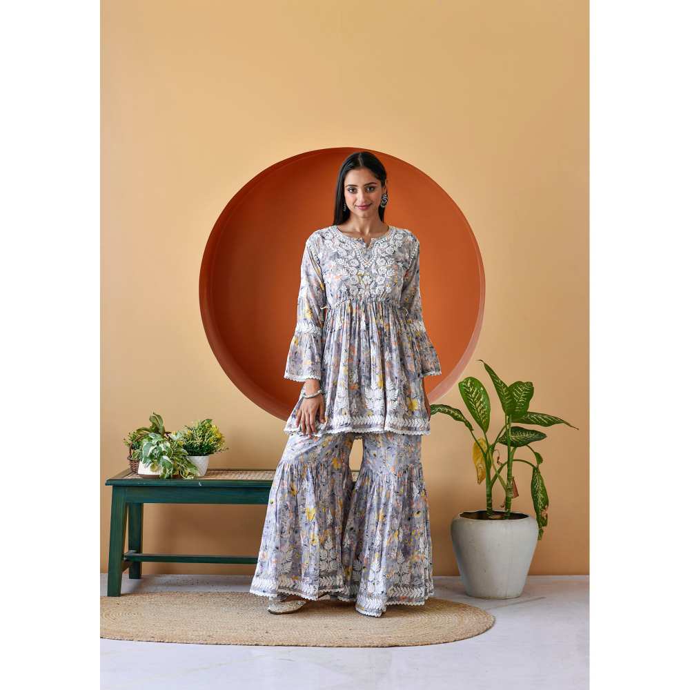 House of Chikankari Zarah Chikankari Mulmul Gharara (Set of 2)