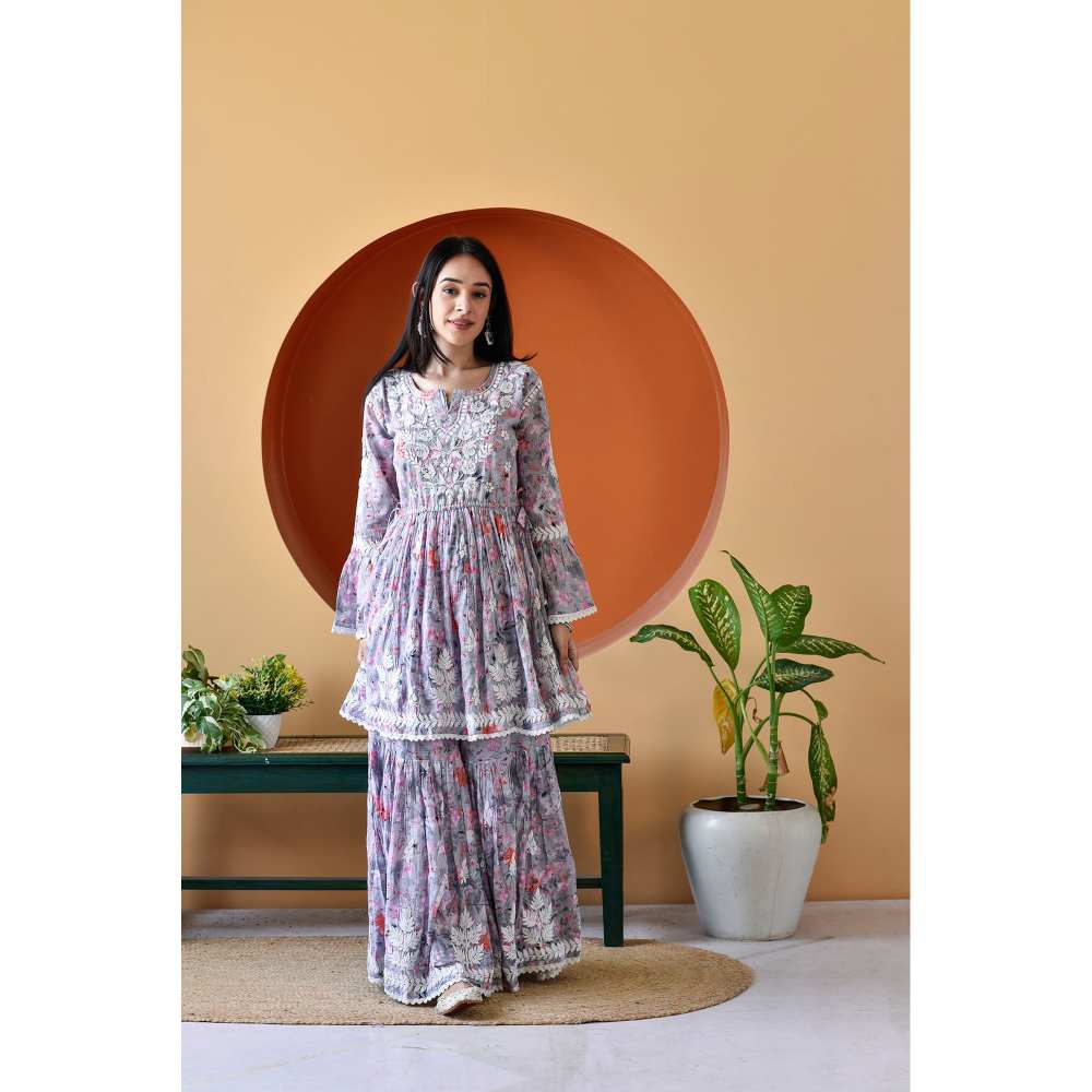 House of Chikankari Zarah Chikankari Mulmul Gharara (Set of 2)