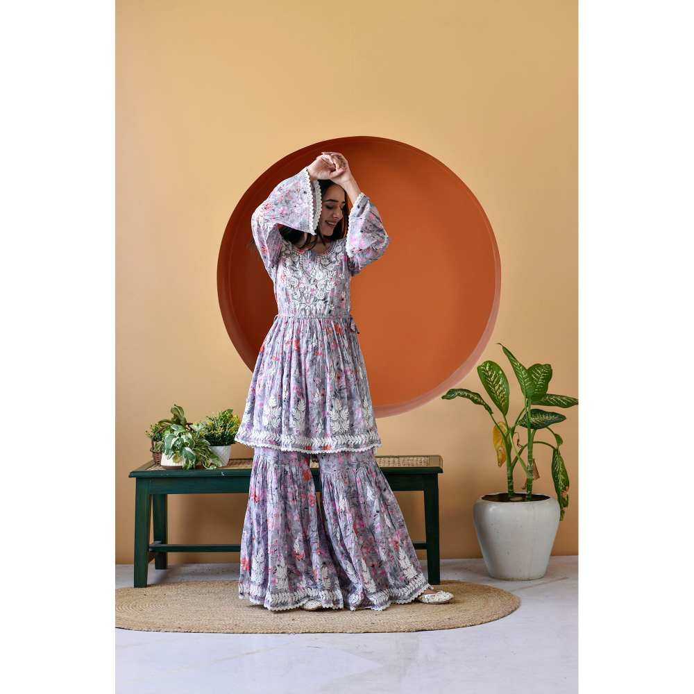 House of Chikankari Zarah Chikankari Mulmul Gharara (Set of 2)