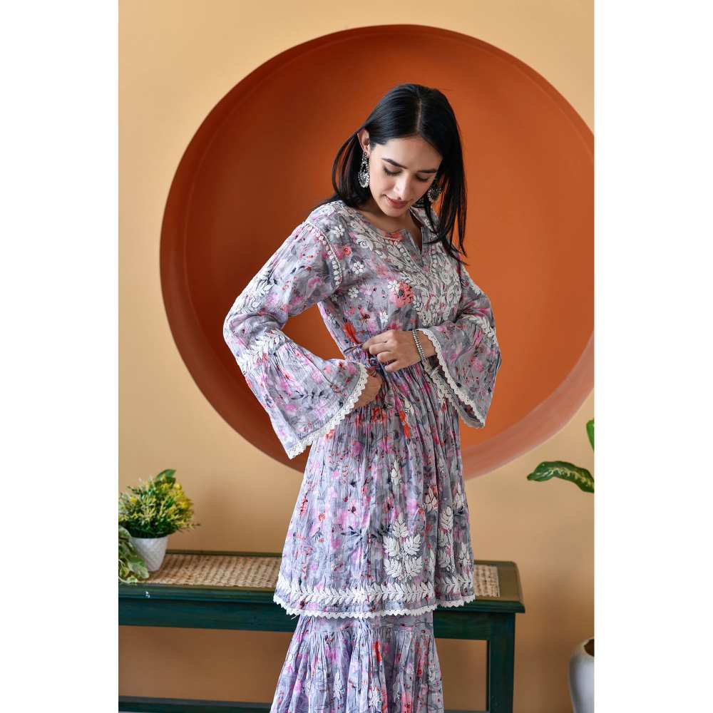House of Chikankari Zarah Chikankari Mulmul Gharara (Set of 2)