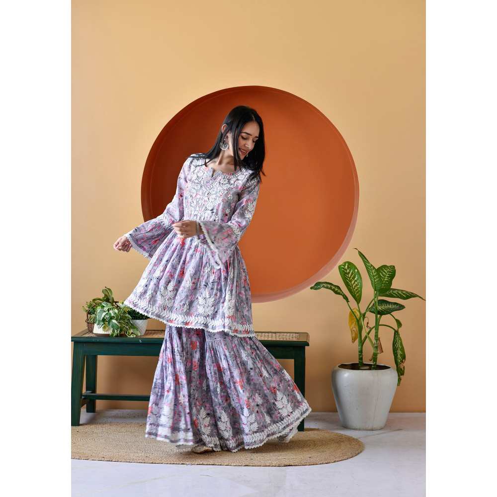 House of Chikankari Zarah Chikankari Mulmul Gharara (Set of 2)