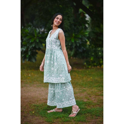 House of Chikankari Adara Chikankari Mulmul Sleeveless Gharara (Set of 2)