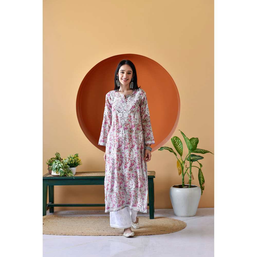 House of Chikankari Hanifa Chikankari Mulmul Straight Kurta