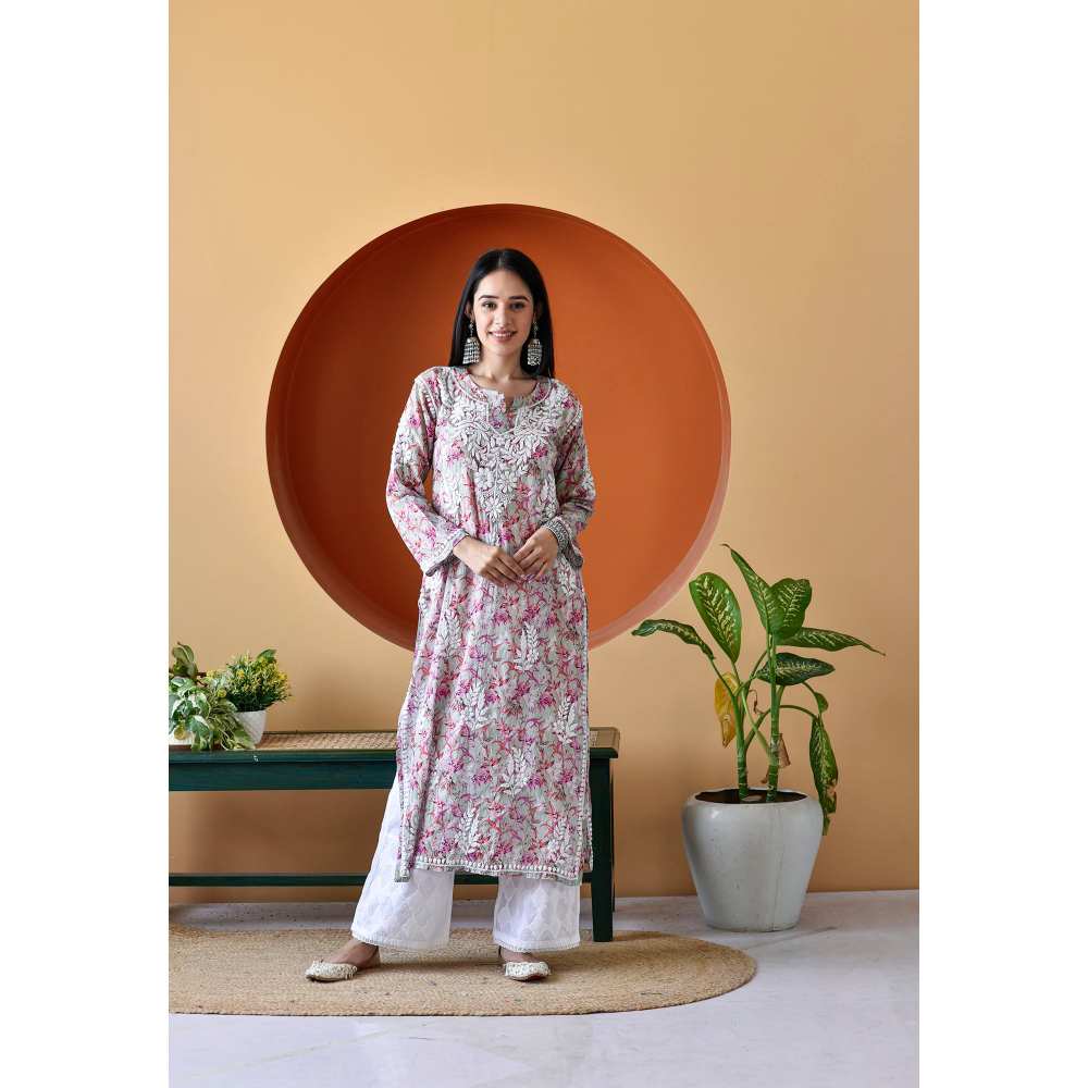House of Chikankari Hanifa Chikankari Mulmul Straight Kurta