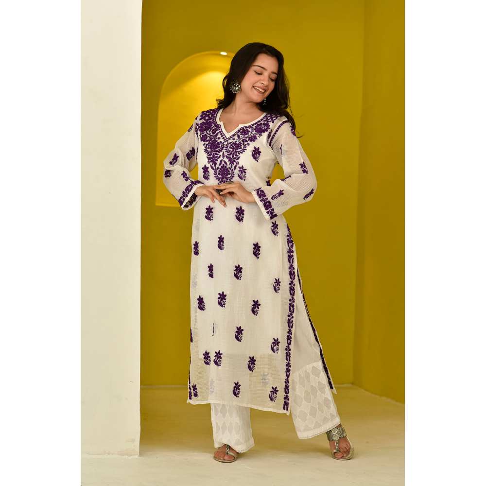 House of Chikankari Hayat Chikankari Kota Straight Kurta with Inner (Set of 2)