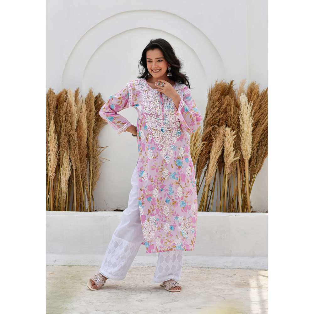 House of Chikankari Jafna Chikankari Mulmul Straight Kurta