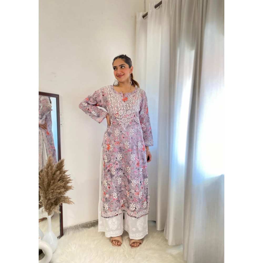 House of Chikankari Zarah Chikankari Mulmul Straight Kurta