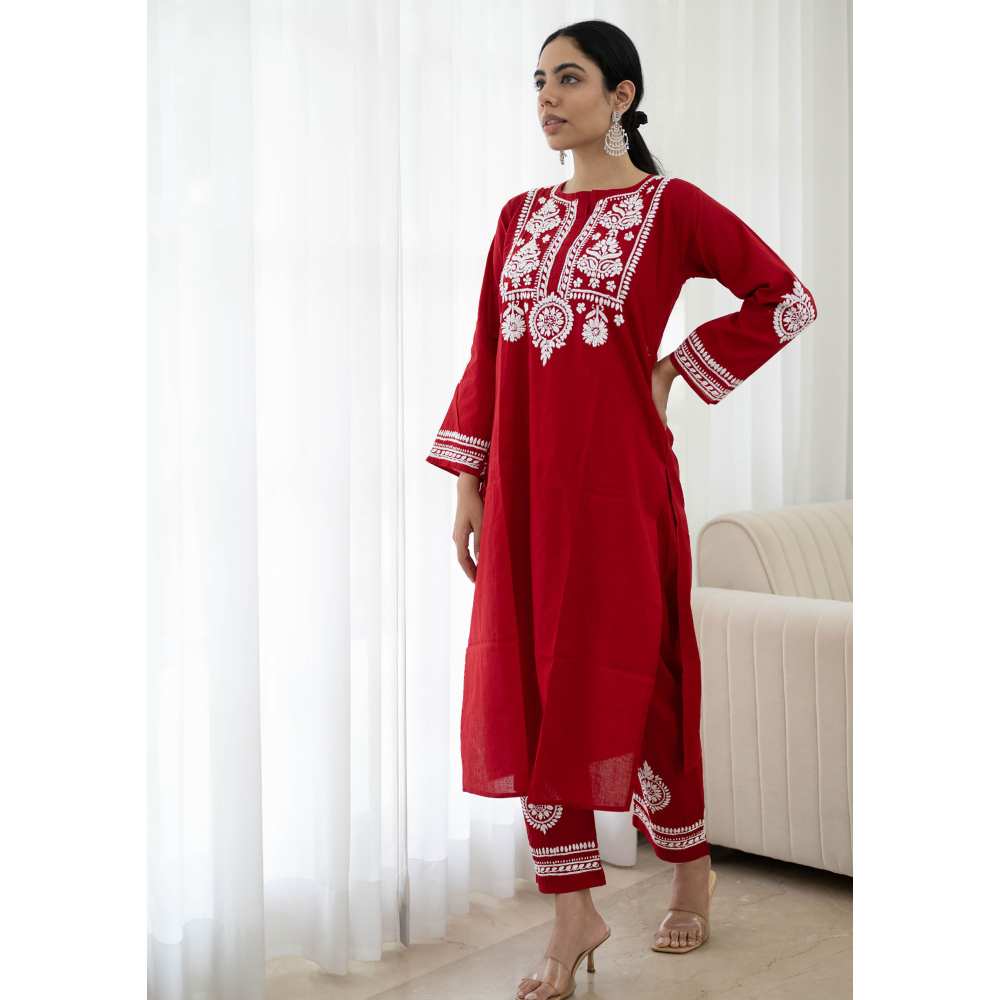 House of Chikankari Soha Chikankari Cotton Straight Kurta (Set of 2)
