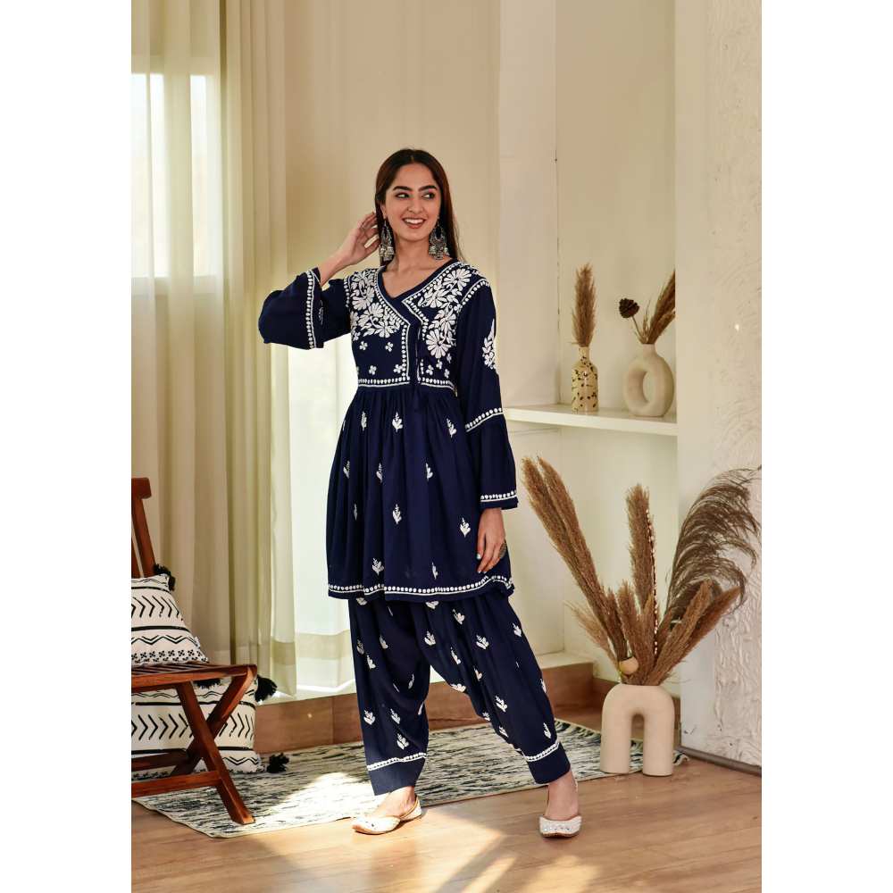 House of Chikankari Husaina Chikankari Modal Angrakha Dhoti (Set of 2)