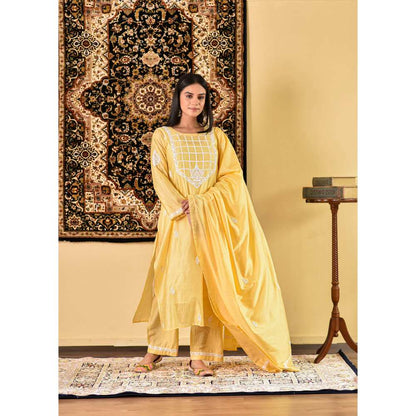 House of Chikankari Rawiya Chikankari Chanderi Straight Kurta with Dupatta (Set of 4)