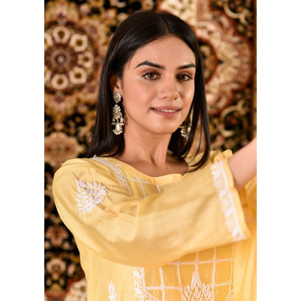 House of Chikankari Rawiya Chikankari Chanderi Straight Kurta with Dupatta (Set of 4)
