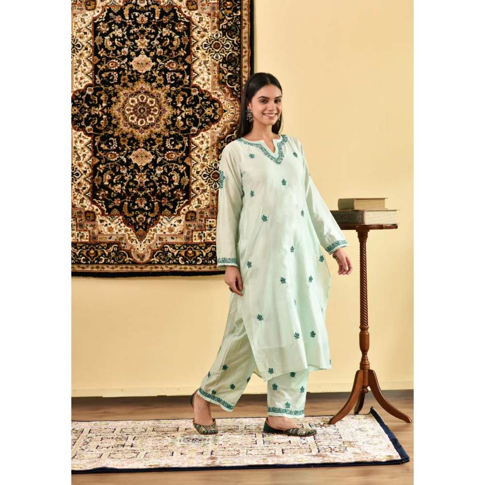 House of Chikankari Nihal Chikankari Chanderi Straight Kurta (Set of 3)