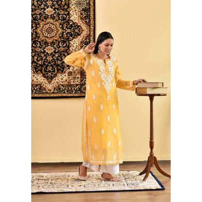 House of Chikankari Ikram Chikankari Chanderi Straight Kurta (Set of 2)