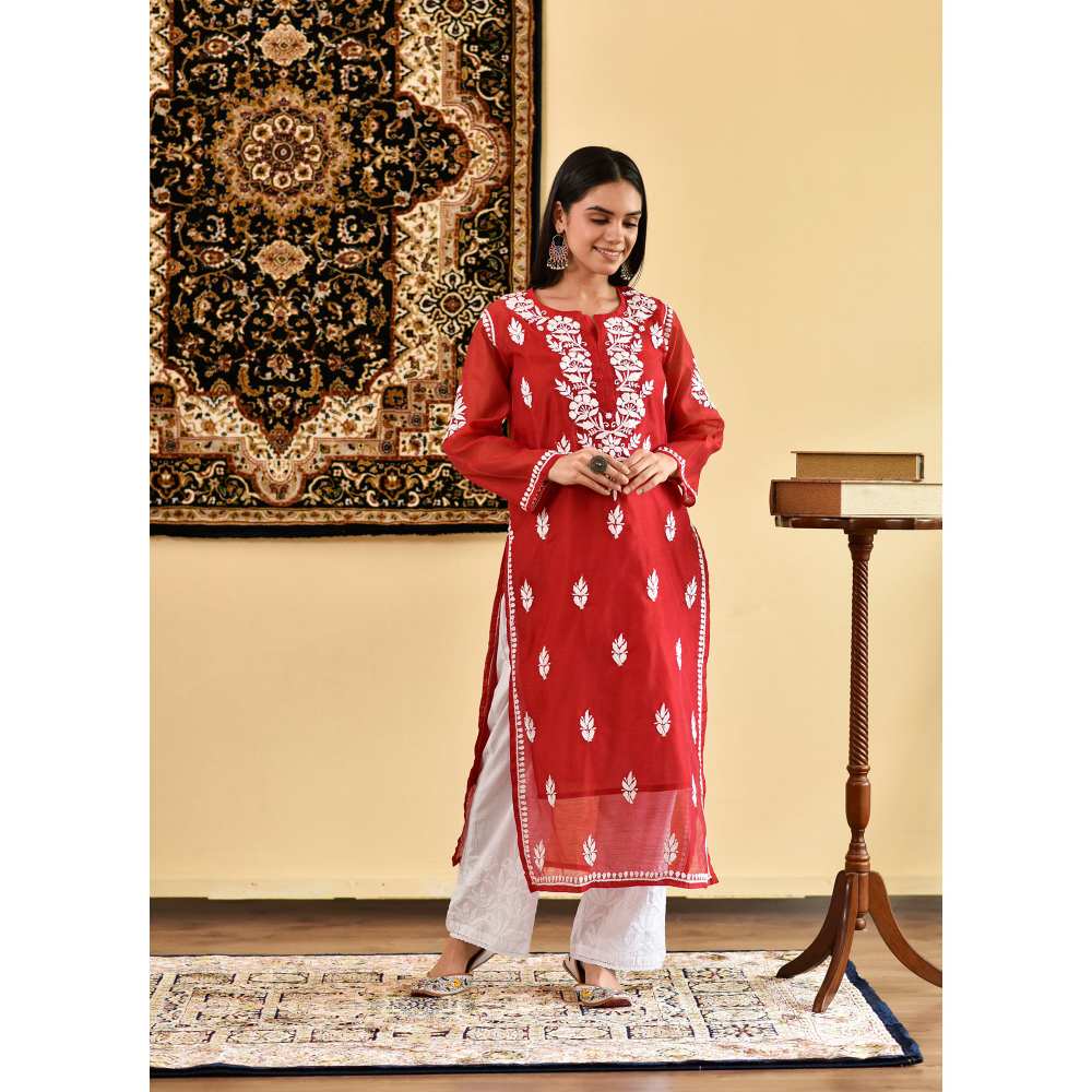 House of Chikankari Ikram Chikankari Chanderi Straight Kurta (Set of 2)