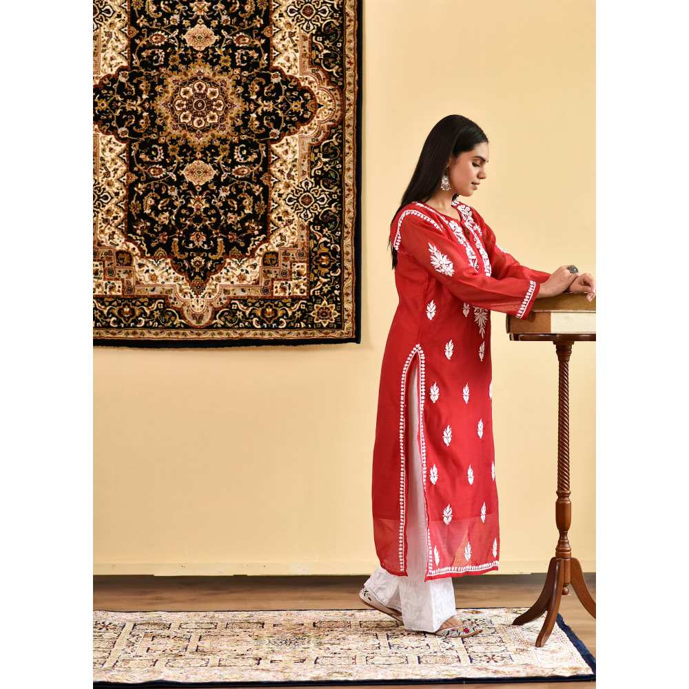 House of Chikankari Ikram Chikankari Chanderi Straight Kurta (Set of 2)