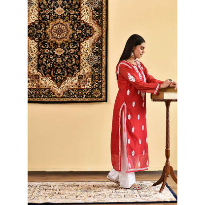 House of Chikankari Ikram Chikankari Chanderi Straight Kurta (Set of 2)