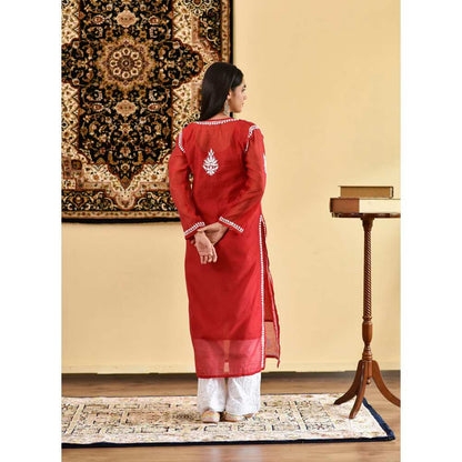 House of Chikankari Ikram Chikankari Chanderi Straight Kurta (Set of 2)