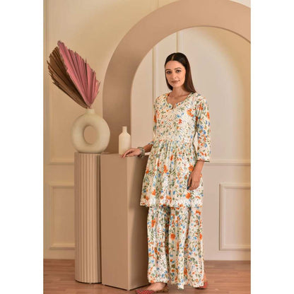 House of Chikankari Zeina Chikankari Mulmul Gharara (Set of 2)