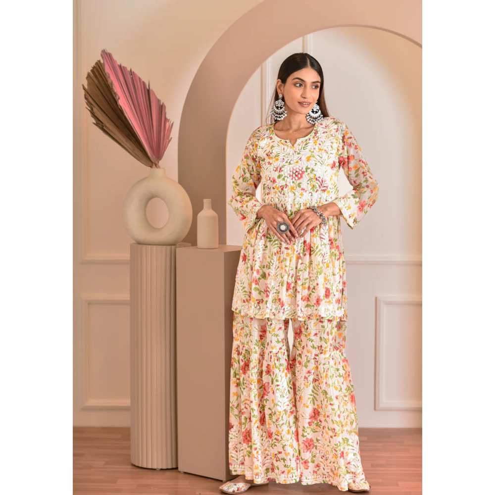 House of Chikankari Zeina Chikankari Mulmul Gharara (Set of 2)