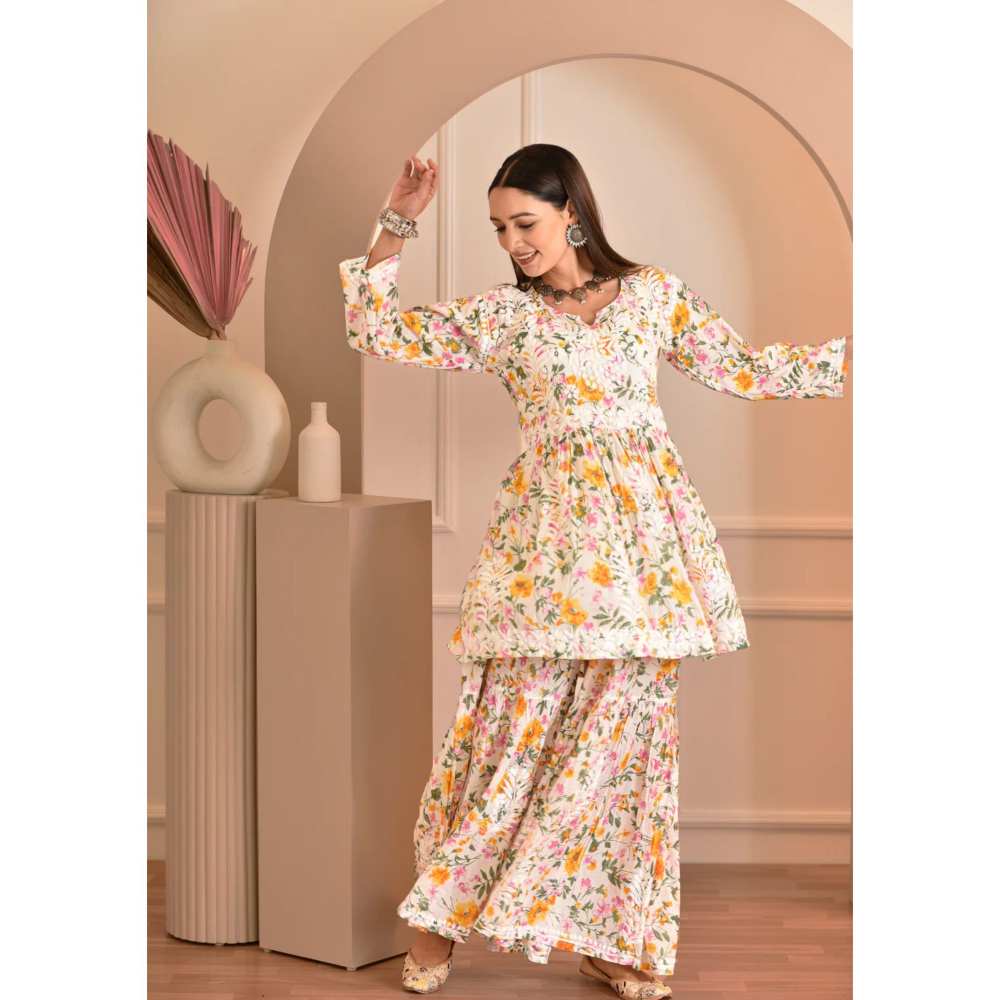 House of Chikankari Zeina Chikankari Mulmul Gharara (Set of 2)