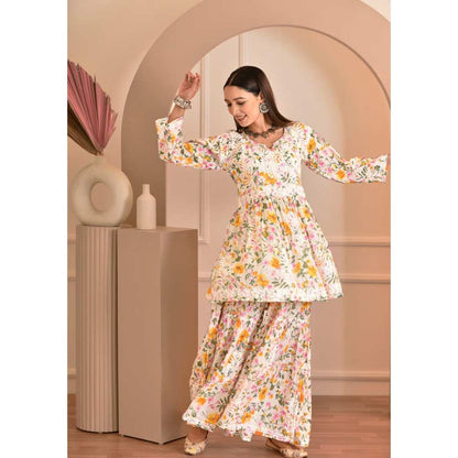House of Chikankari Zeina Chikankari Mulmul Gharara (Set of 2)