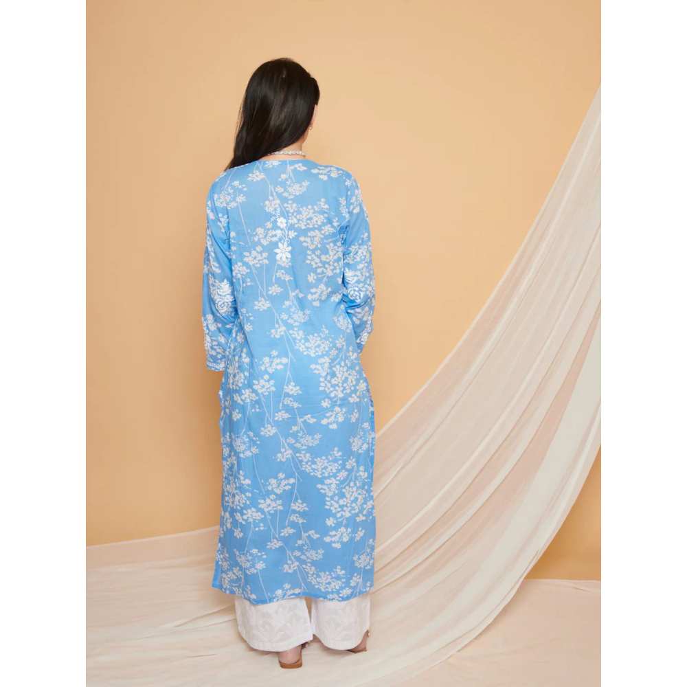 House of Chikankari Zainab Chikankari Mulmul Straight Kurta - Blue