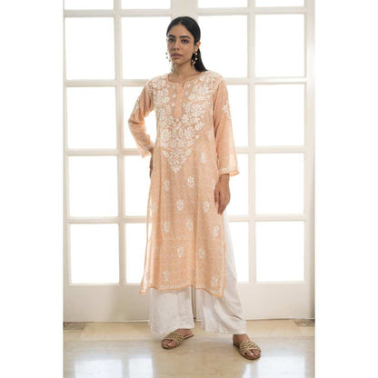 House of Chikankari Lana Chikankari Mulmul Straight Kurta - Orange