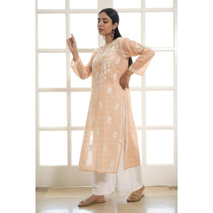 House of Chikankari Lana Chikankari Mulmul Straight Kurta - Orange