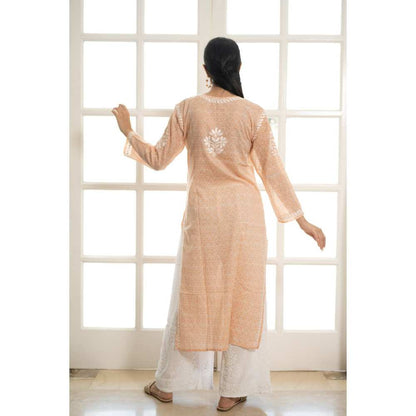 House of Chikankari Lana Chikankari Mulmul Straight Kurta - Orange