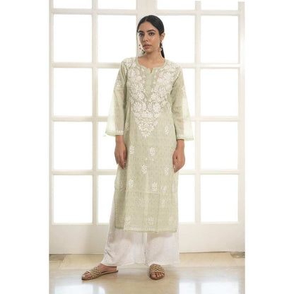 House of Chikankari Lana Chikankari Mulmul Straight Kurta - Green