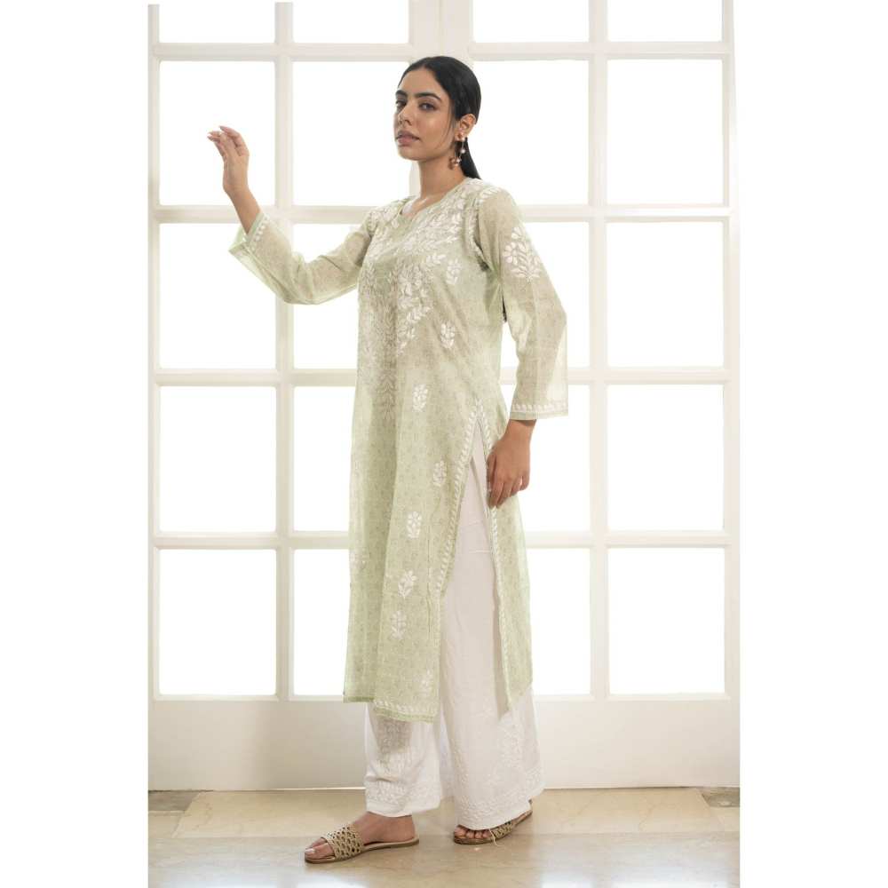 House of Chikankari Lana Chikankari Mulmul Straight Kurta - Green