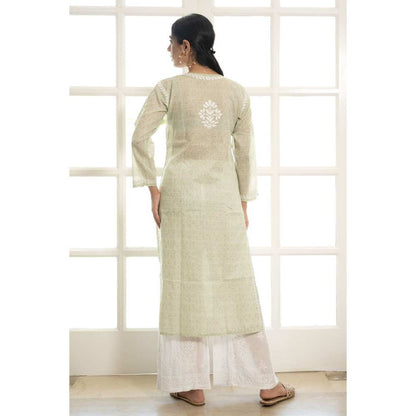 House of Chikankari Lana Chikankari Mulmul Straight Kurta - Green