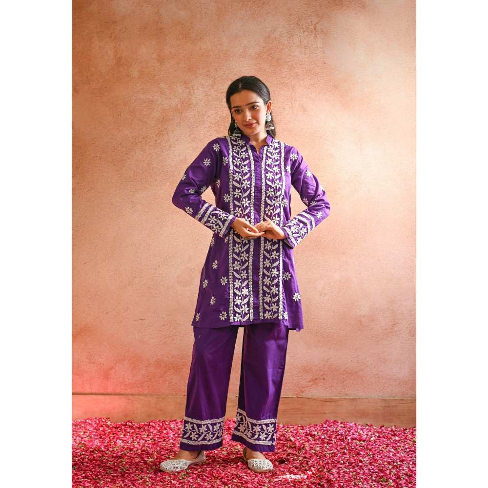 House of Chikankari Iram Chikankari Cotton Short Kurta - Purple (Set of 2)