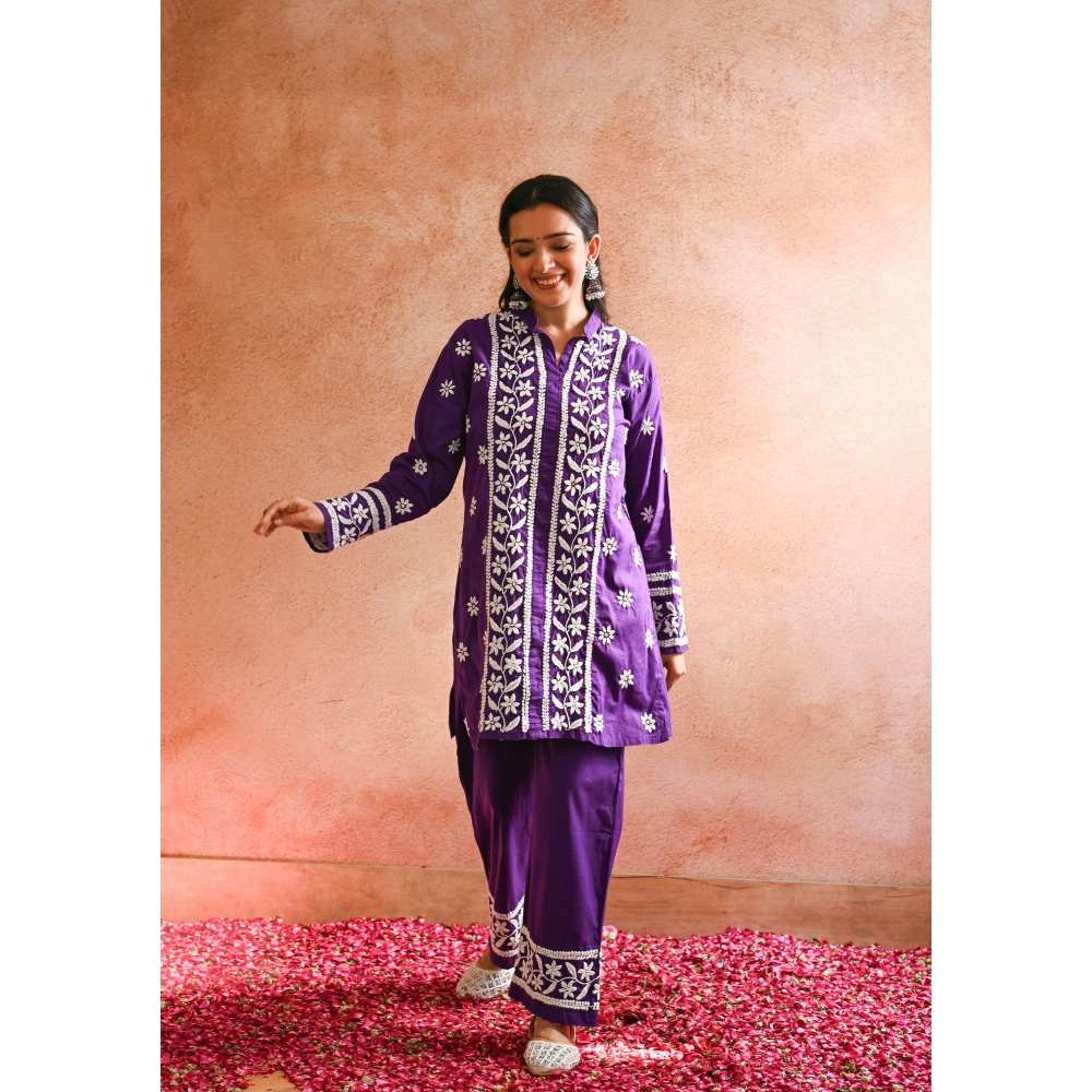 House of Chikankari Iram Chikankari Cotton Short Kurta - Purple (Set of 2)