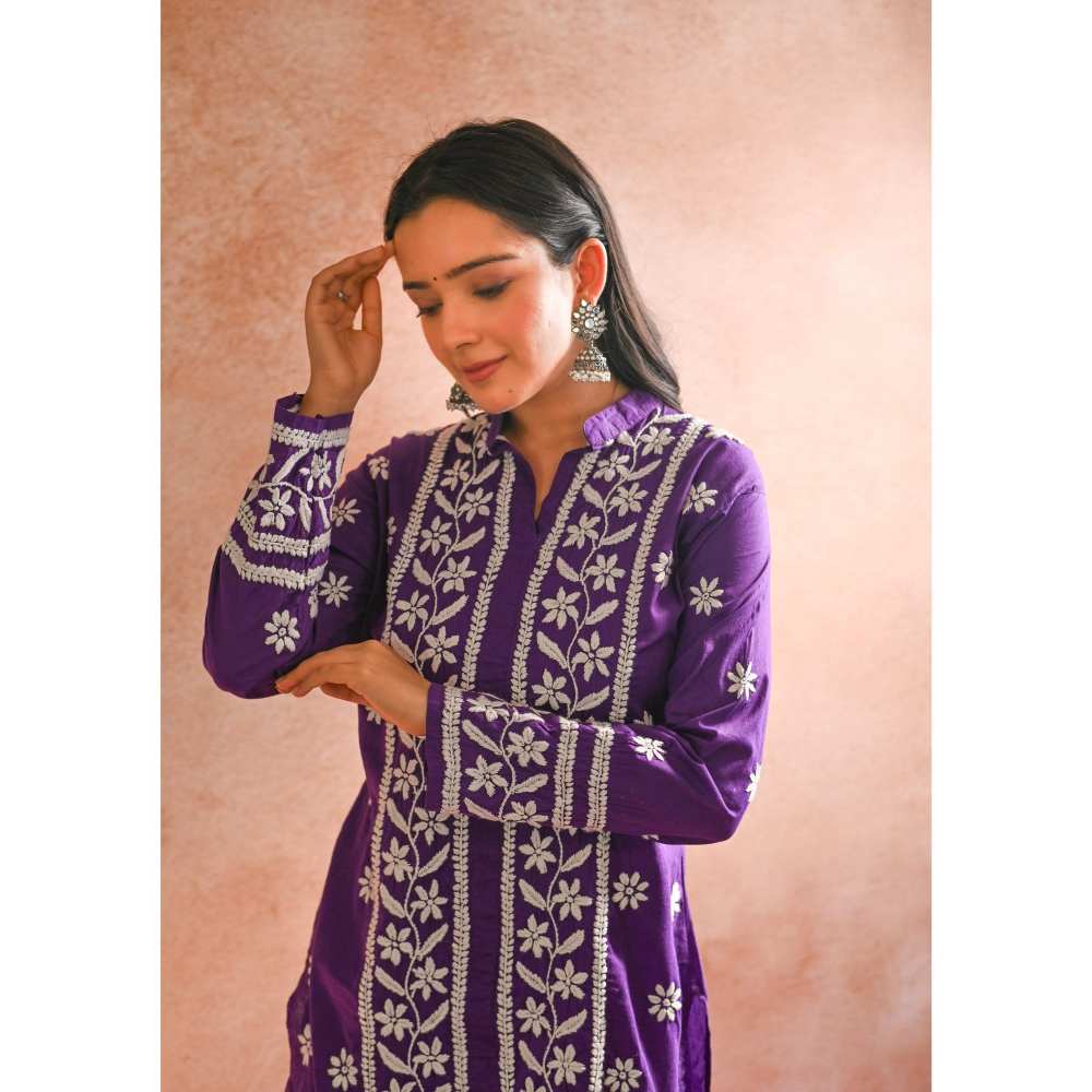 House of Chikankari Iram Chikankari Cotton Short Kurta - Purple (Set of 2)