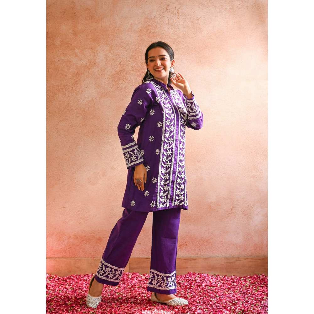 House of Chikankari Iram Chikankari Cotton Short Kurta - Purple (Set of 2)