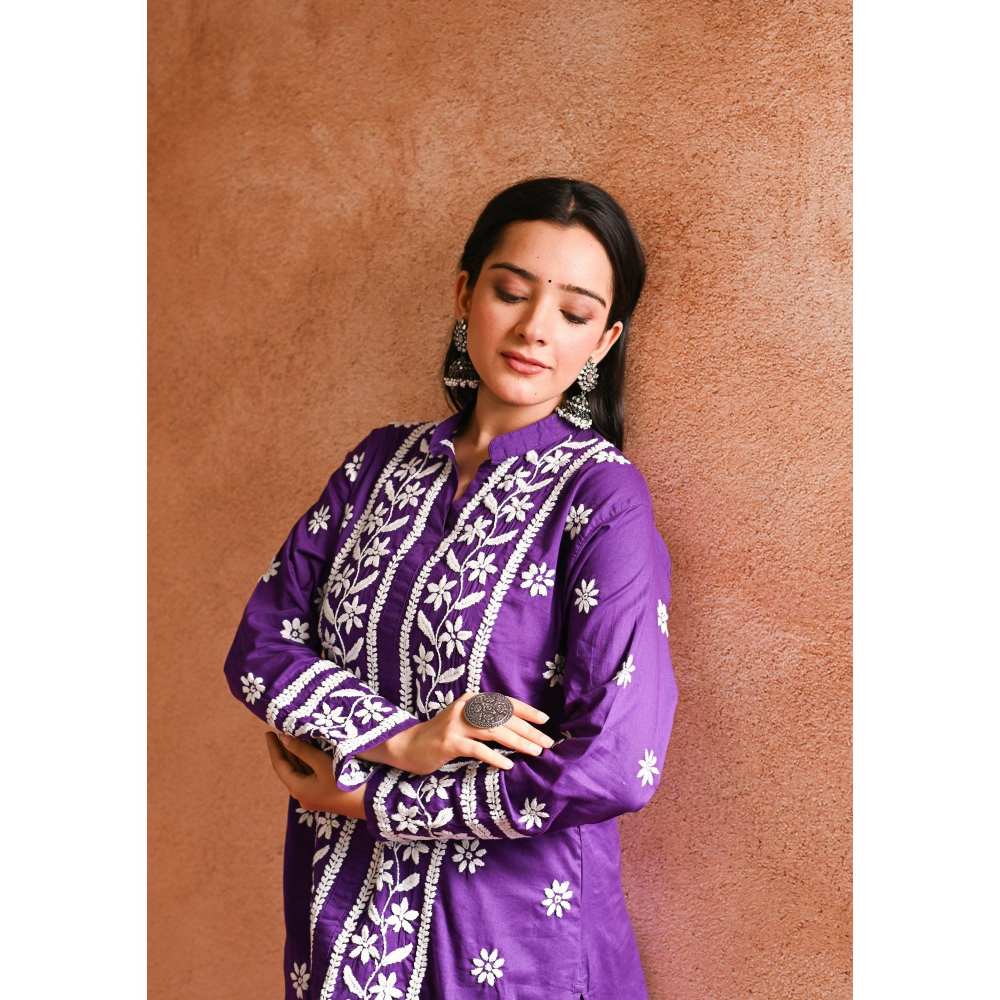 House of Chikankari Iram Chikankari Cotton Short Kurta - Purple (Set of 2)