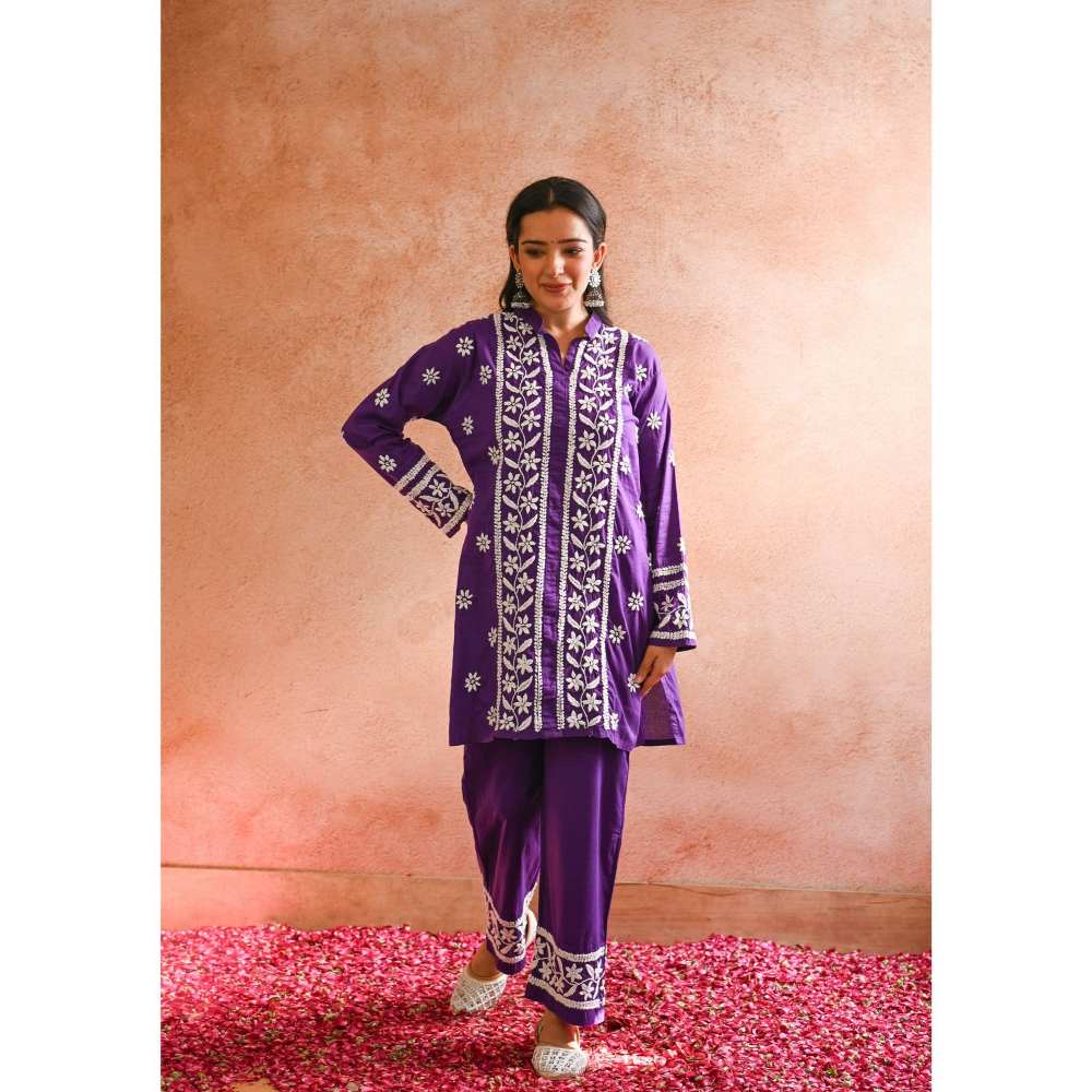 House of Chikankari Iram Chikankari Cotton Short Kurta - Purple (Set of 2)