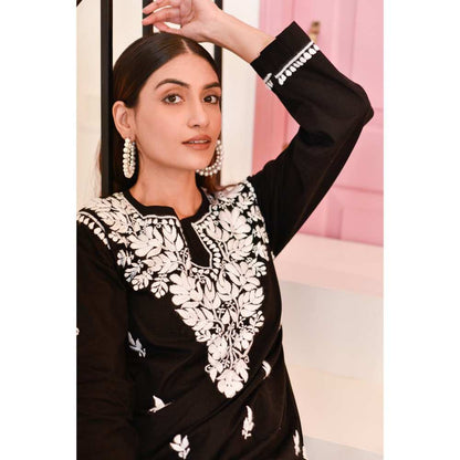 House of Chikankari Sadia Chikankari Cotton Short Kurta - Black (Set of 2)